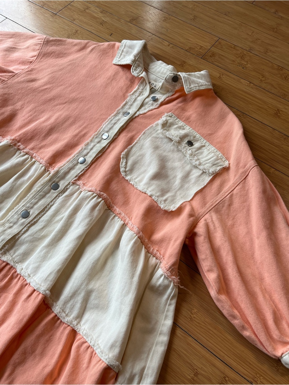 POL Pink & Cream Long Sleeve Tiered Denim Dress Western Boho Frayed Hem - Picture 4 of 11